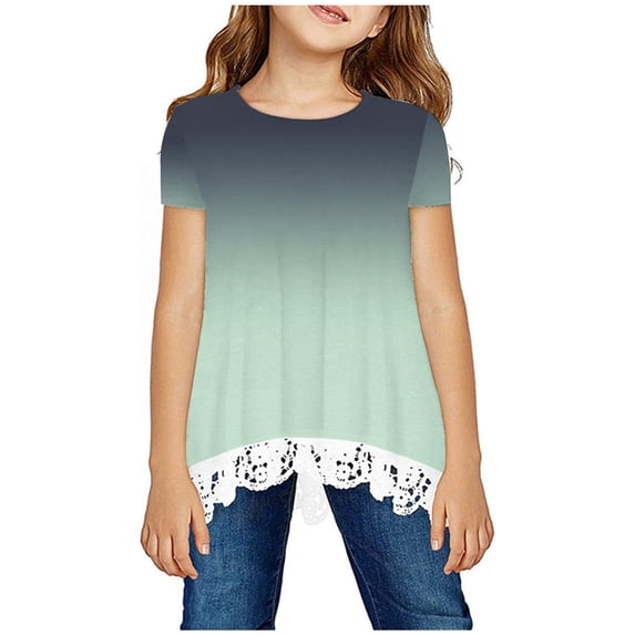 Yutk 2T Girls Summer Clothes Girls Shirt Crewneck Layered Floral Print Short Sleeve Cute Kids Blouse Lace Tee Top Green
