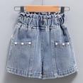 thumbnail image 1 of Yutk Big Girls Summer Thin Pearl Pocket Elastic Waist Shining Denim Perforated Denim Shorts Blue, 1 of 8