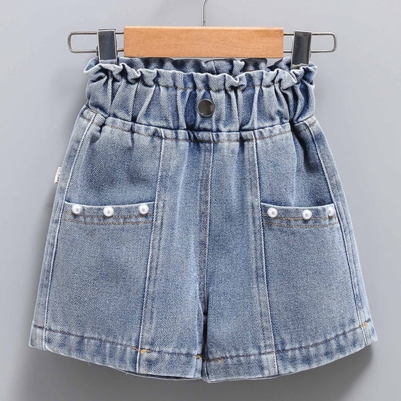 Yutk Big Girls Summer Thin Pearl Pocket Elastic Waist Shining Denim Perforated Denim Shorts Blue