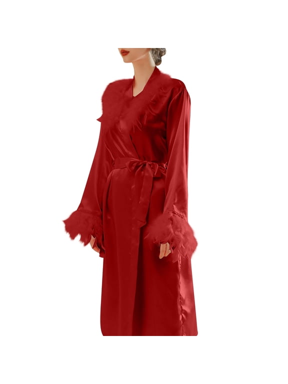 Christmas Family Pajamas Hairy Collar Morning Gown Women Feather Long Nightgown Wedding Makeup Bridesmaid Group Wedding Satin Bathrobe Red Xl