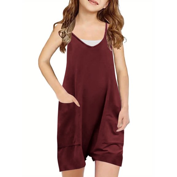 Yutk Girls Summer Sleeveless Casual Romper Spaghetti Strap Shorts Jumpsuit with Pockets Wine