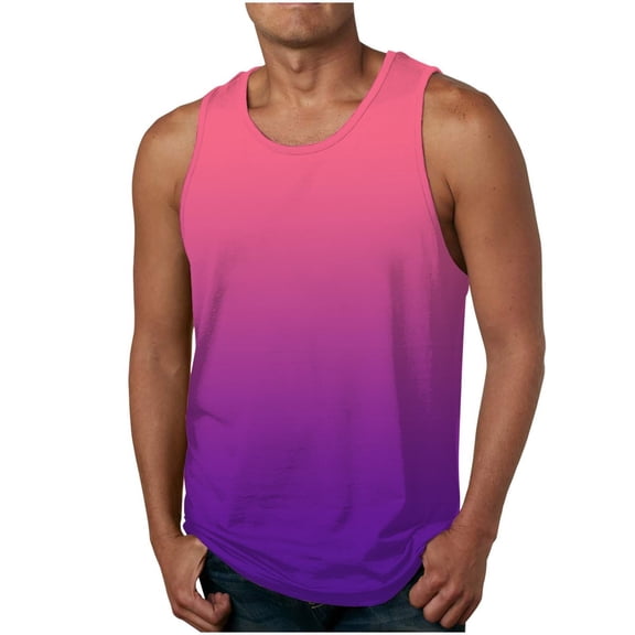 Yutk Men's Cotton Linen Tank Top Men's Gradient Color Printed Vests Casual Sleeveless Round Neck T-Shirt Tank Tops Purple Xl