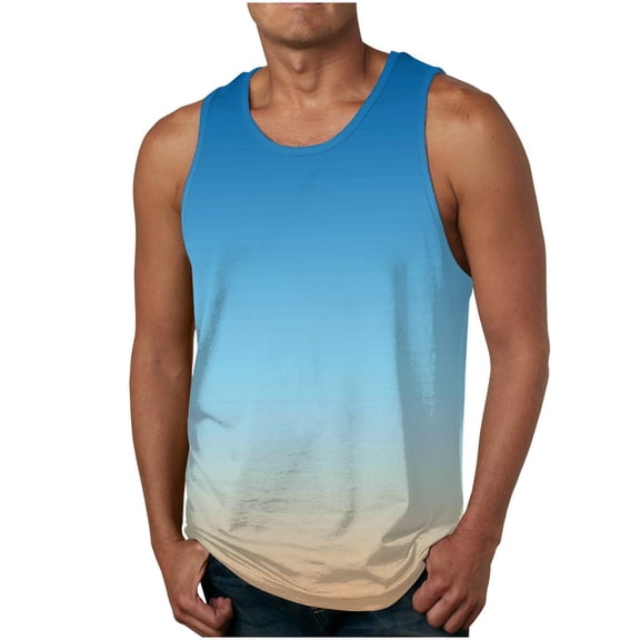 Yutk Men's Summer Tank Top Shirt Men's Gradient Color Printed Vests Casual Sleeveless Round Neck T-Shirt Tank Tops Sky Blue L