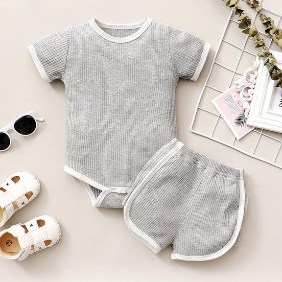 Yutk Newborn infant Boys Girls Short Sleeve Romper Bodysuit with Shorts Outfits Gray