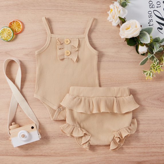 Yutk Newborn infant Girl Sleeveless Romper Bodysuit with Ruffles Shorts Outfits Beige