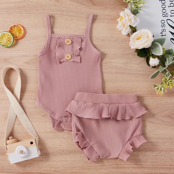Yutk Newborn infant Girl Sleeveless Romper Bodysuit with Ruffles Shorts Outfits Pink