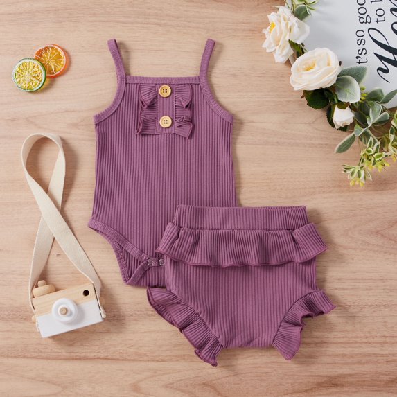 Yutk Newborn infant Girl Sleeveless Romper Bodysuit with Ruffles Shorts Outfits Purple