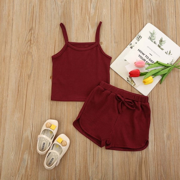 Yutk Summer Girl Sports Solid Color Suit Girls Sleeveless Sling Vest Shorts Suit Wine