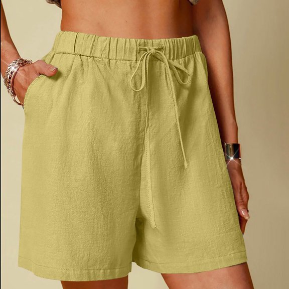 Yutk Womens Casual High Waist Pencil Pants Women's Cotton Linen Shorts Solid Color Comfortable Elastic Wide Leg Casual Shorts Yellow Xxl