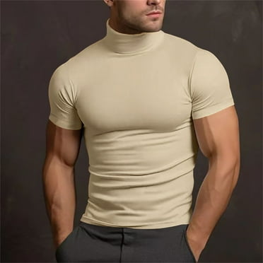 Yutnsbel Mock Neck Tops, Workout Tops Men, Summer Solid Color T Shirt, Mock Neck Short Sleeve T Shirt Beige