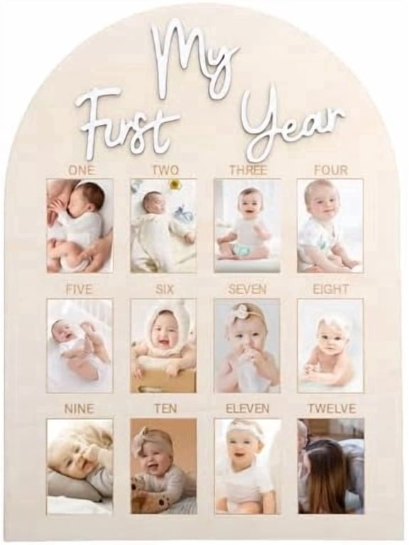 First Year Wooden Photo Board, Baby Milestone Picture Frame Sign, 1st Birthday Decoration and Keepsake Gift