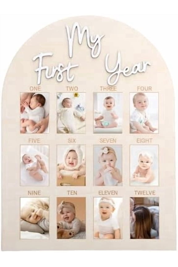 First Year Wooden Photo Board, Baby Milestone Picture Frame Sign, 1st Birthday Decoration and Keepsake Gift