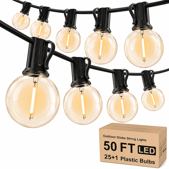 Yuucio 50ft Outdoor String Lights, G40 LED Patio Lights with 25+1 Spare Bulbs, Waterproof Shatterproof Dimmable Hanging Lights for Backyard Garden Porch