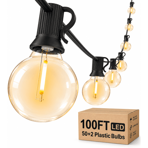 Yuucio Outdoor String Lights 100ft, G40 Led Patio Lights with 52pcs Bulbs,Waterproof Shatterproof Dimmable Hanging