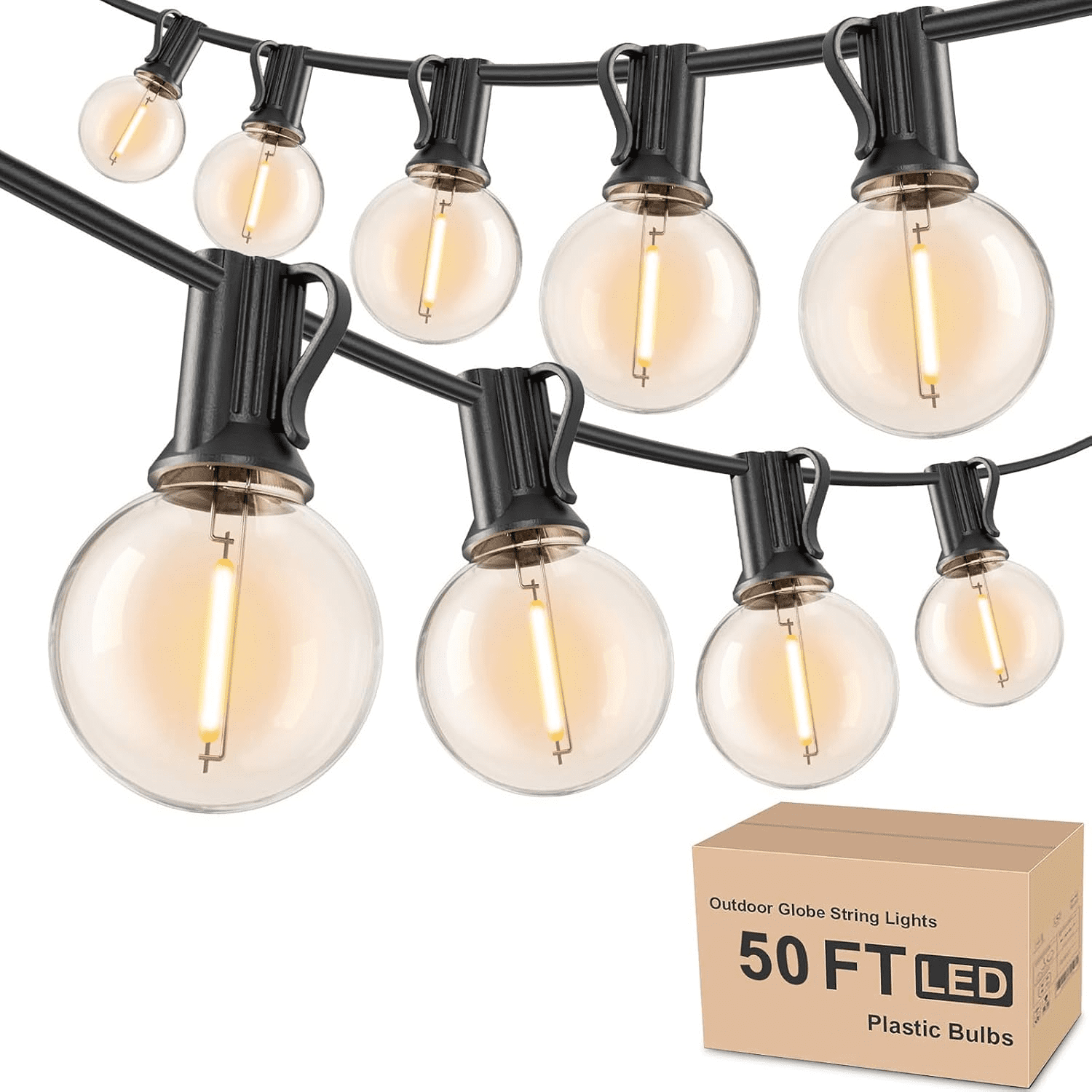 50ft Warm White LED Outdoor Globe String Lights with Plastic Bulbs