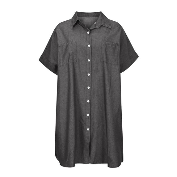 Yuuwll Dresses Women Casual Solid Denim Dress V-Neck Roll Sleeve Button Loose Long Skirt Dress for Wommen Summer Casual Plus Size Maxi Prom Dress