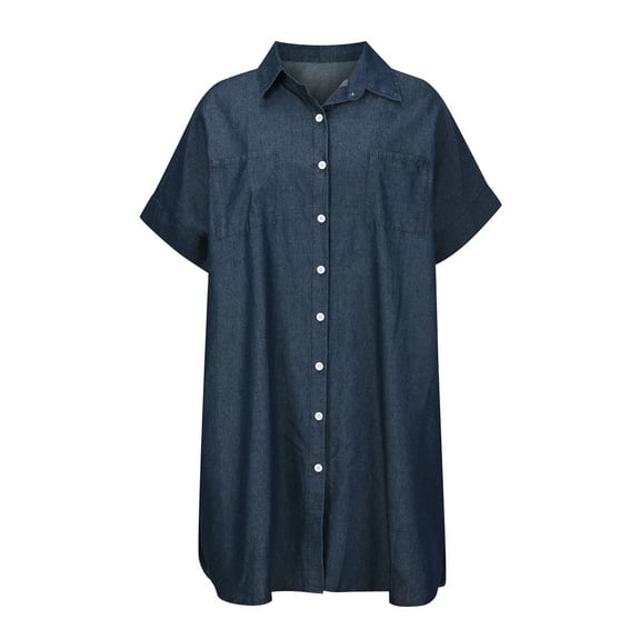 Yuuwll Dresses Women Casual Solid Denim Dress V-Neck Roll Sleeve Button Loose Long Skirt Dress for Wommen Summer Casual Plus Size Maxi Prom Dress