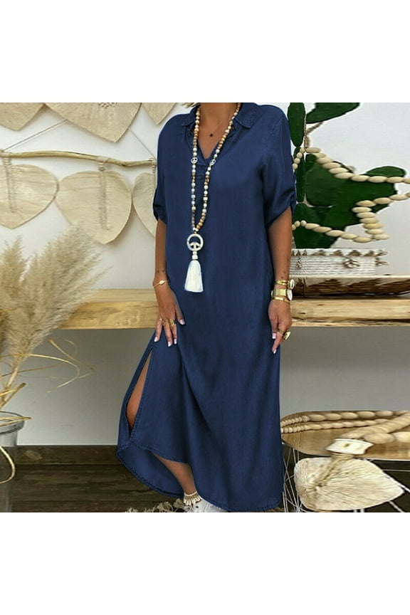 Yuuwll Dresses Women Casual Solid Denim Dress V-Neck Roll Sleeve Button Loose Long Skirt Dress for Wommen Summer Casual Plus Size Maxi Prom Dress