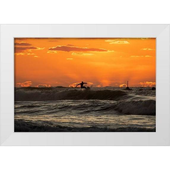 Yuval 18x13 White Modern Wood Framed Museum Art Print Titled - Surfer At Sunset