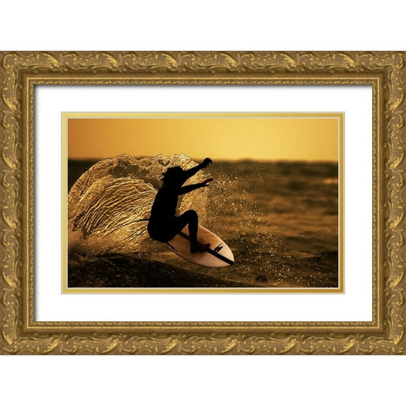 Yuval 24x17 Gold Ornate Wood Framed with Double Matting Museum Art Print Titled - Surfer At Sunset