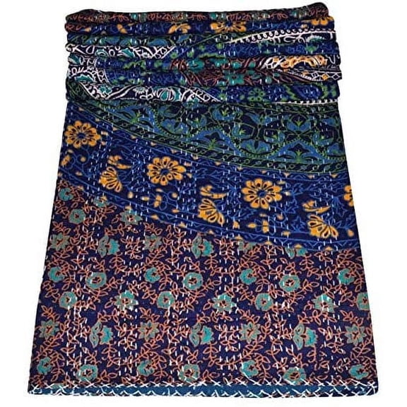 Yuvancrafts Hand Block Print Cotton Quilt Twin Size, Modern Floral Printed Lightweight Reversible Bedspread Blanket for All Season Bedding