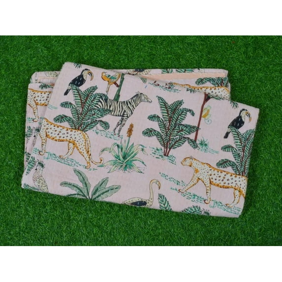 Yuvancrafts Indian Animal And Floral Print Kantha Quilt Kantha Throw Cotton Quilt Queen Size Handmade Quilt Bed Cover