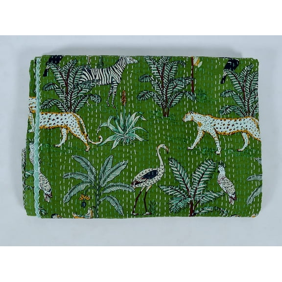 Yuvancrafts Indian Animal And Floral Print Kantha Quilt Kantha Throw Cotton Quilt Twin Size Handmade Quilt Bed Cover