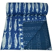 Yuvancrafts Indian Cotton Handmade New Kantha Quilt Hand Block Fish Print Queen Quilt Blanket Bedspreads Throw