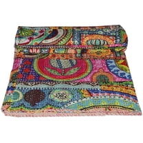 Yuvancrafts Indian Handmade Cotton Kantha Quilt Bedspread, Queen Size 100% Cotton, Blue Fish Print