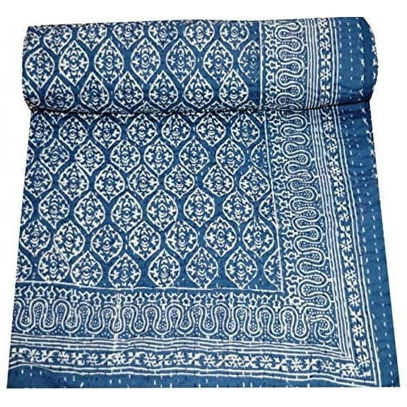 Yuvancrafts Indian Handmade Kantha Quilt Hand Block Floral Print Twin Size Kantha Bedspread Throw Quilt Blanket