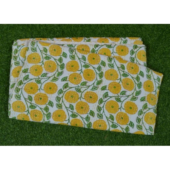 Yuvancrafts Indian Handmade Kantha Quilt Hand Block Green Floral Print Twin And Queen Size Kantha Throw Quilt Blanket Cotton Bedsoread