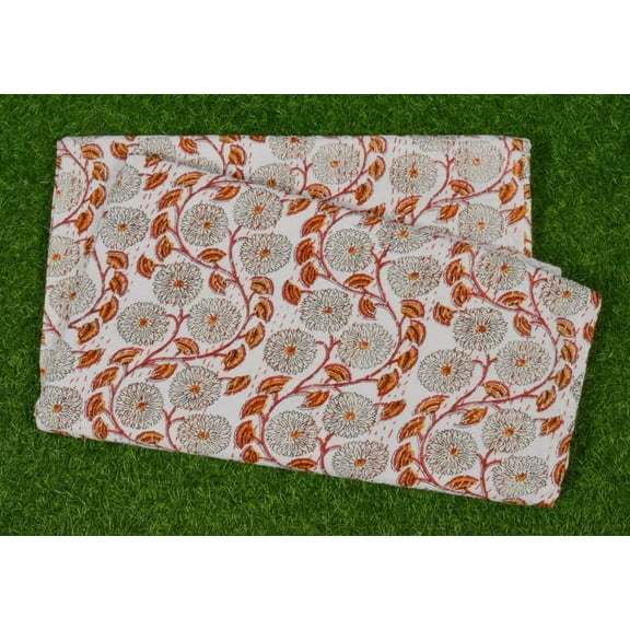 Yuvancrafts Indian Handmade Kantha Quilt Hand Block Orange Floral Print Twin And Queen Size Kantha Throw Quilt Blanket Cotton Bedsoread