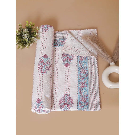 Yuvancrafts Modern Flowers Hand Block Print Cotton Quilt Bedspread, Twin Reversible