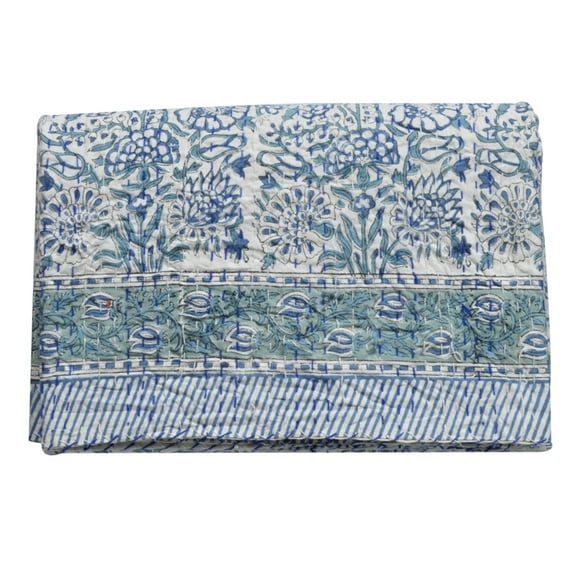 Yuvancrafts Vintage White Hand Block Floral Print Kantha Cotton Quilt Queen Gentle Cycle
