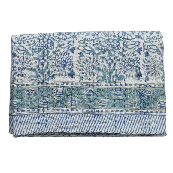 Yuvancrafts Vintage White Hand Block Floral Print Kantha Cotton Quilt Queen Gentle Cycle
