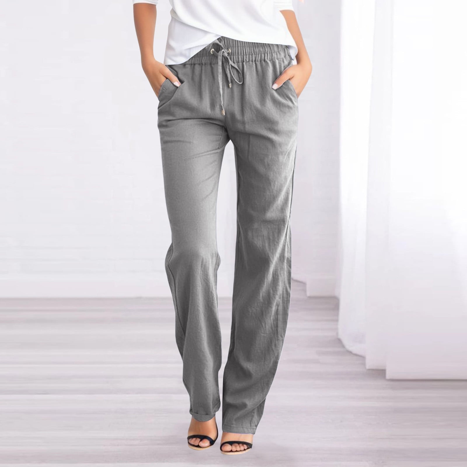 Yuwegr Women's Solid Straight Cotton Linen Pants High Waist Drawstring ...