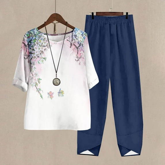 Gyedtr Women's Capris Pajama Sets Plus Size Sleepwear Top with Capris Pants 2 Piece Loungewear Set S-4XL Floral Linen Set