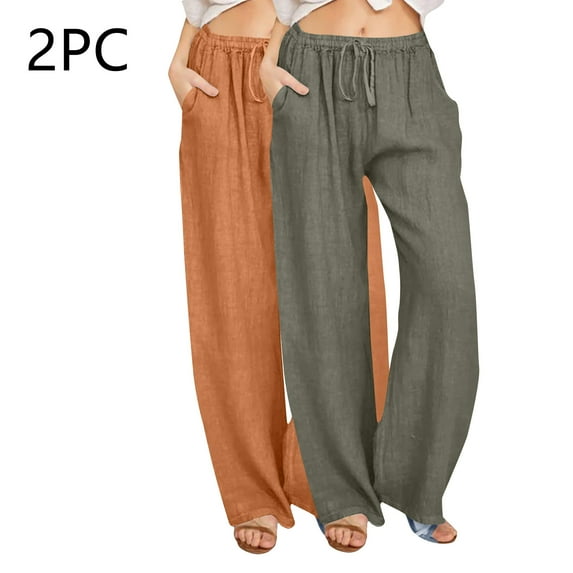 Yuwull 2pc Wide Leg Pants For Women Dress Pants For Women Business Casual Fashion Women Summer Casual Loose Cotton And Linen Pocket Solid Trousers Pants