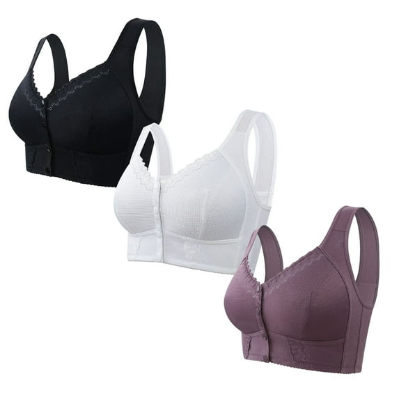 Yuwull 3Pc Convenient Front Closure Daisy Bra Comfortable Cotton Bras For Mature Women With Tailored Support And Fashionable Designs