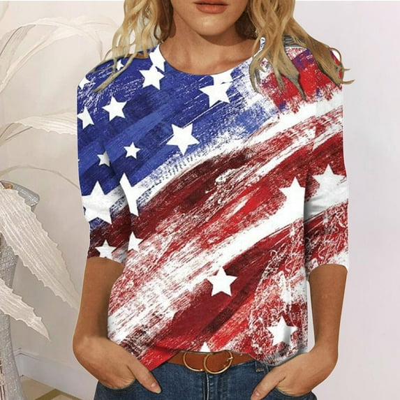 Yuwull American Flag T-Shirt for Women Summer Casual Print 4th of July Tops for Women Women's Clothes Patriotic Graphic Tees Tops Casual Round Neck Loose T-shirt