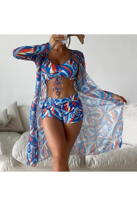 Gyedtr Bathing Suit for Women 3 Piece Swimsuit Set Drawstring Bikini Set Long Sleeve UPF Cover Up Boho Boy Short Swimwear Set