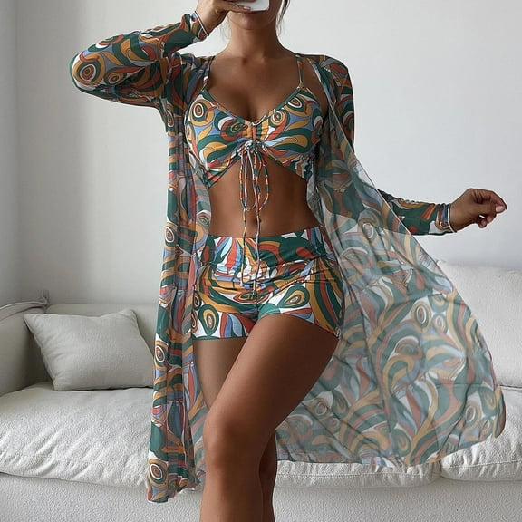 Gyedtr Bathing Suit for Women 3 Piece Swimsuit Set Drawstring Bikini Set Long Sleeve UPF Cover Up Boho Boy Short Swimwear Set