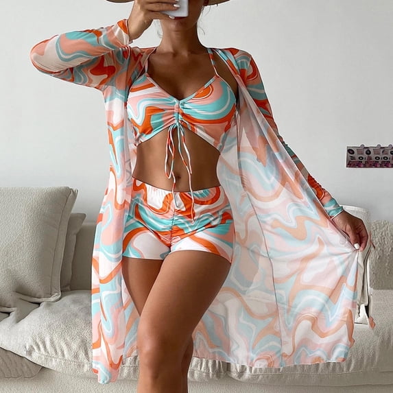 Yuwull Bathing Suit for Women 3 Piece Swimsuit Set Drawstring Bikini Set Long Sleeve UPF Cover Up Boho Boy Short Swimwear Set