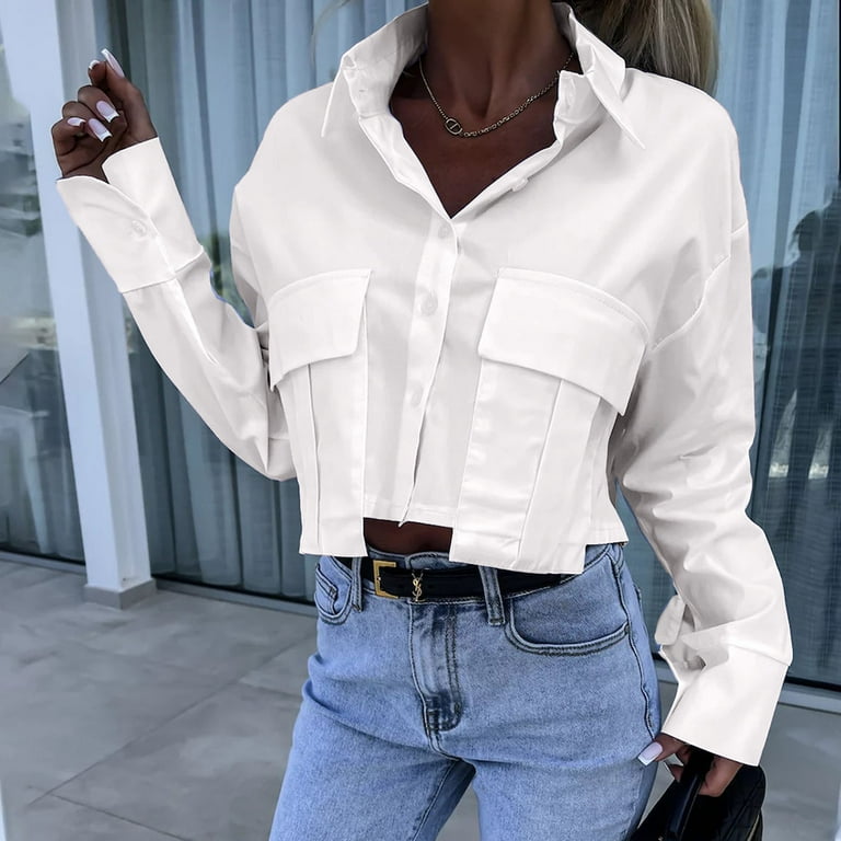 Yuwull Button Downs Shirt for Women cargo shirts Solid Color Blouse Long Sleeve going Out Blouse Jacket trendy work tops