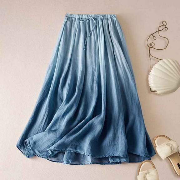Yuwull Cotton Linen Midi Skirts For Women A-line Elastic Waist Skirt Flowy Knee 2025 Women Fashion Trendy