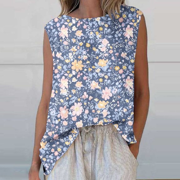Yuwull Going Out Tops For Women Going Out Tops Womens Fashion Casual Printed Round Neck Sleeveless T-Shirt Tank Cute Summer Tops For Women