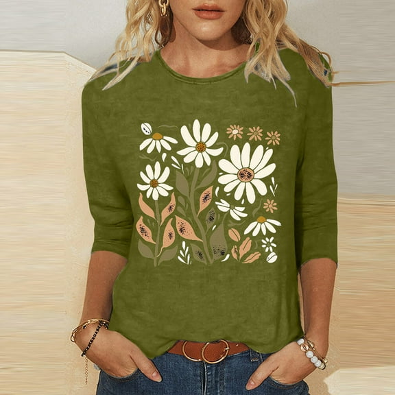 Yuwull Happy Thanksgiving Shirts for Women, Women's Fashion Printing Classic 3/4 Sleeve T-shirt Round Neck Tops