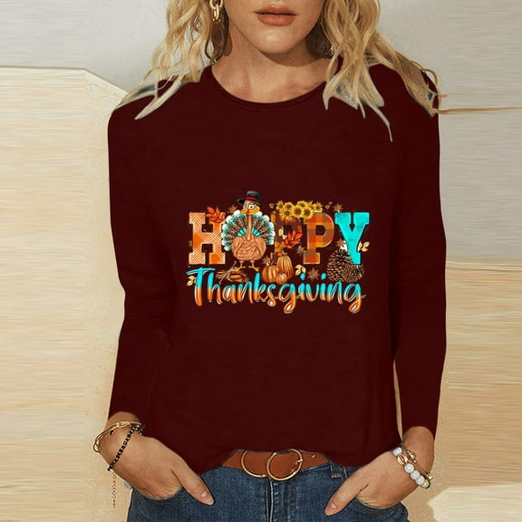 Yuwull Happy Thanksgiving Shirts for Women, Women's Fashion Printing Classic 3/4 Sleeve T-shirt Round Neck Tops