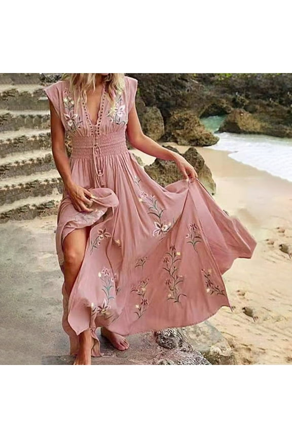 Hawaiian Summer Maxi Dresses Tunic Holiday Dresses For Women Floral Print Side Split Long Dresses Boho Sleeveless Evening Party Beach Sundress