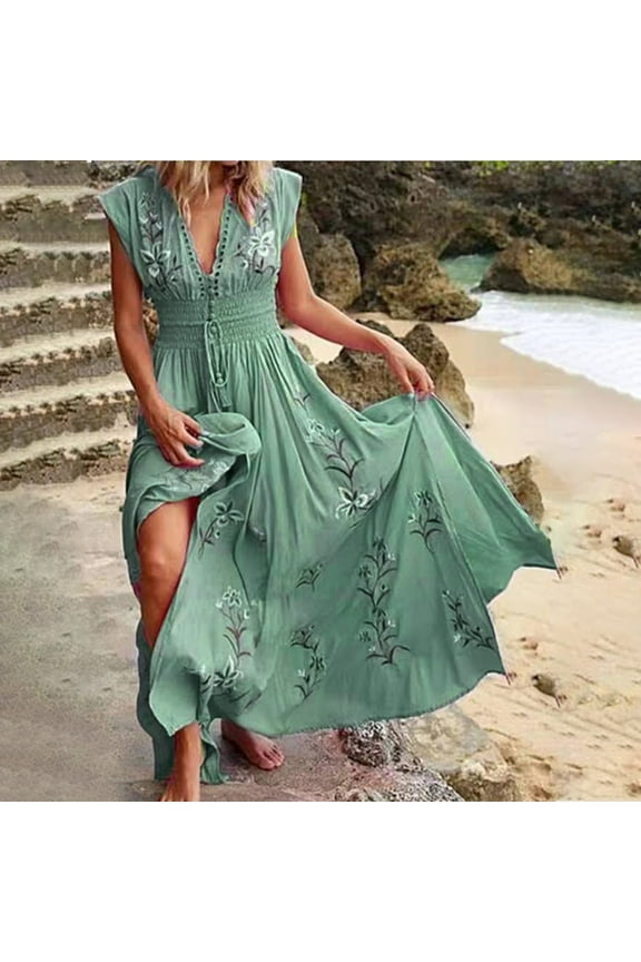 Yuwull Hawaiian Summer Maxi Dresses Tunic Holiday Dresses For Women Floral Print Side Split Long Dresses Boho Sleeveless Evening Party Beach Sundress